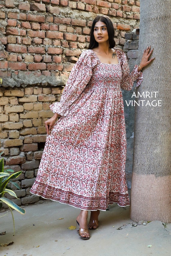 Red Floral Smocked Cotton Maxi Dress – Hand Block Printed Boho Long Dress