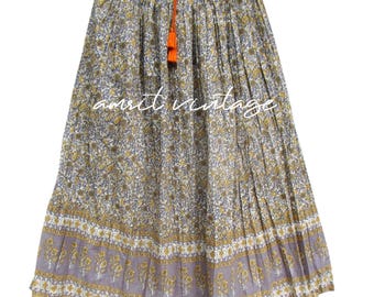 grey yellow floral printed maxi skirt - summer wear with tassel long skirt