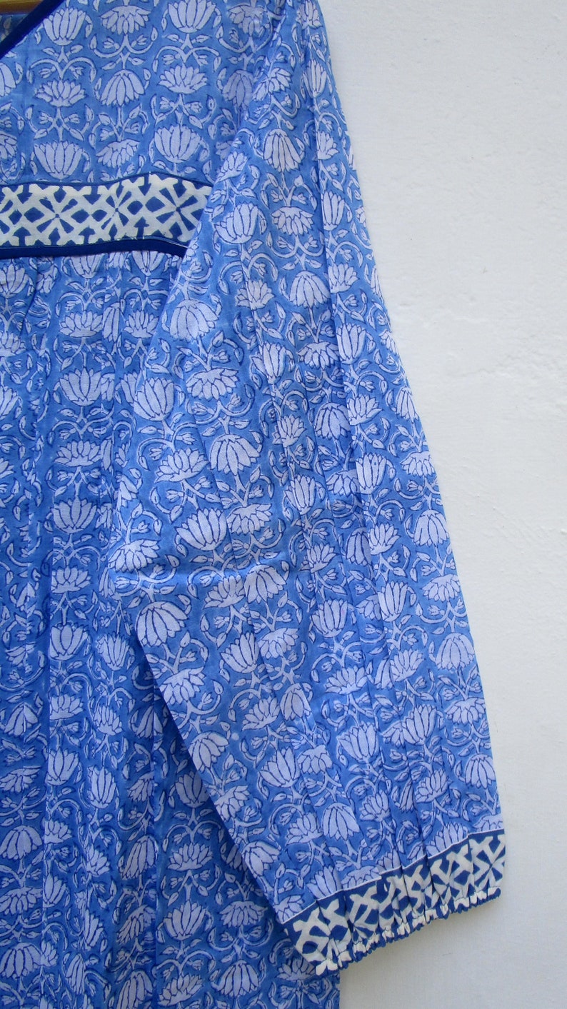 Blue Floral Block Print Cotton Blouse – Long Sleeve Boho Top with Tassels – Indian Handmade Peasant Shirt – Lightweight Summer Kurti image 4