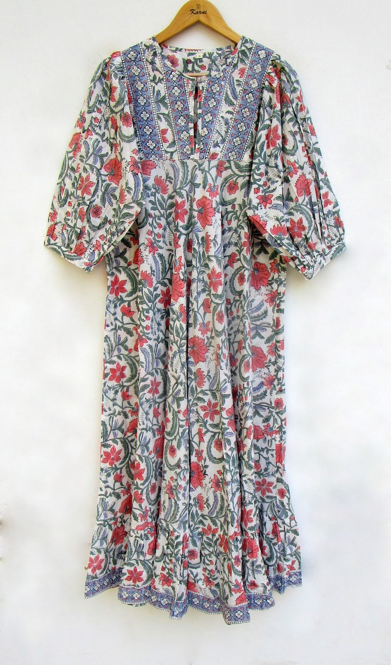Brown Pink Floral Hand Block Printed Cotton Maxi Dress – Indian Boho Tiered Long Dress