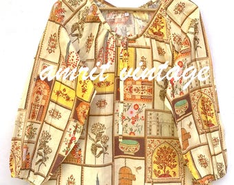 Bluzka w stylu vintage z nadrukiem w bloki – boho, kwiatowy, bawełniany top w stylu wiejskim