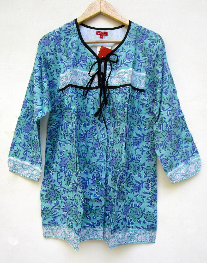 summer vintage blue floral women blouse and tops v neckline with tassel tops long sleeve boho blouse