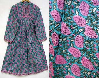 pink and green floral printed cotton bohemian long maxi dress | collared neckline maxi dress | long sleeve summer boho maxi dress