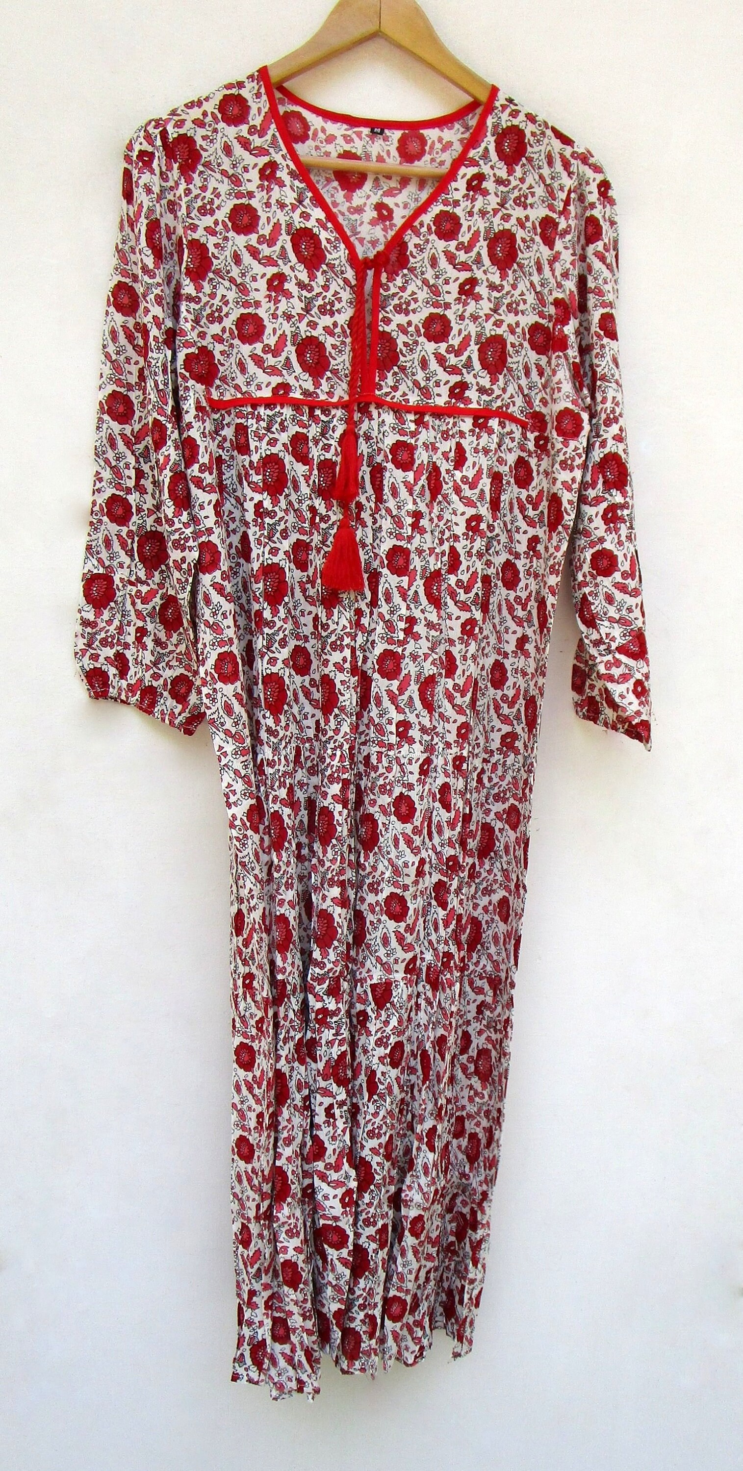 Red Floral Printed Rayon Women Long Maxi Dress V Neckline - Etsy