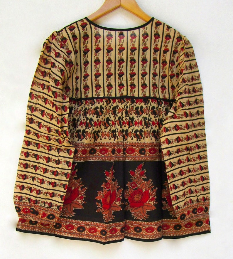 floral screen printed cotton blouse tops - v neckline with tassel summer blouse - long sleeve bohemian tunics image 5