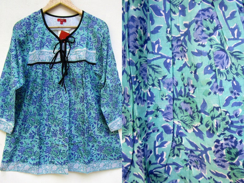 summer vintage blue floral women blouse and tops v neckline with tassel tops long sleeve boho blouse