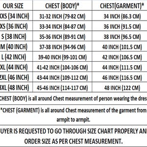 May include: A size chart with measurements in inches and centimetres. Sizes range from XXS (34 inches) to 3XL (48 inches). The chart includes chest measurements for both the body and the garment.