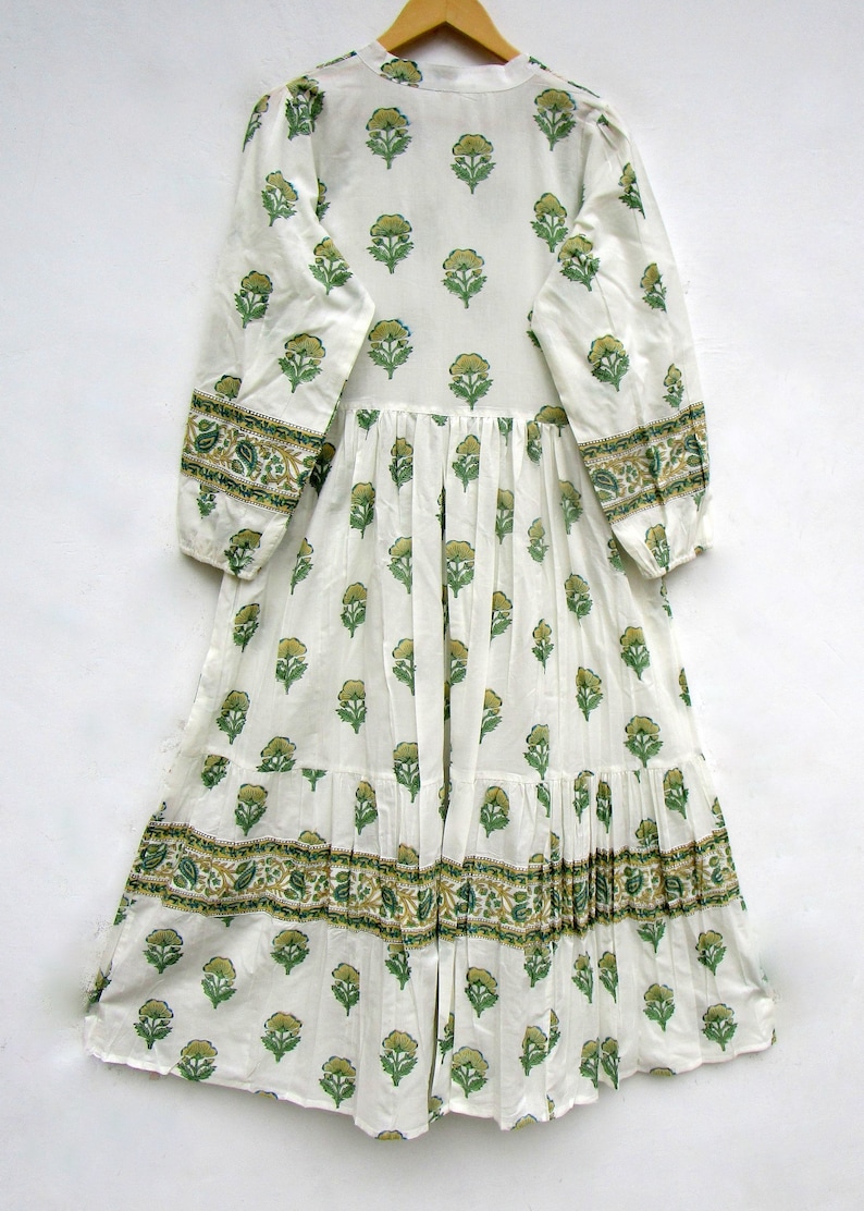 summer big boota block printed long maxi dress - v collared neckline bohemian dress - long sleeve cotton maxi image 5