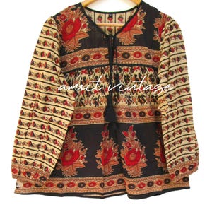 floral screen printed cotton blouse tops - v neckline with tassel summer blouse - long sleeve bohemian tunics image 1