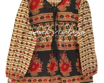 floral screen printed cotton blouse tops - v neckline with tassel summer blouse - long sleeve bohemian tunics