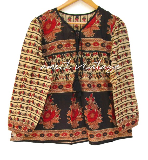 floral screen printed cotton blouse tops - v neckline with tassel summer blouse - long sleeve bohemian tunics
