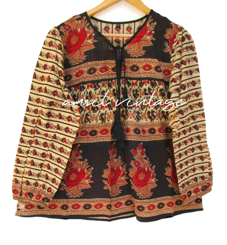 floral screen printed cotton blouse tops - v neckline with tassel summer blouse - long sleeve bohemian tunics image 1
