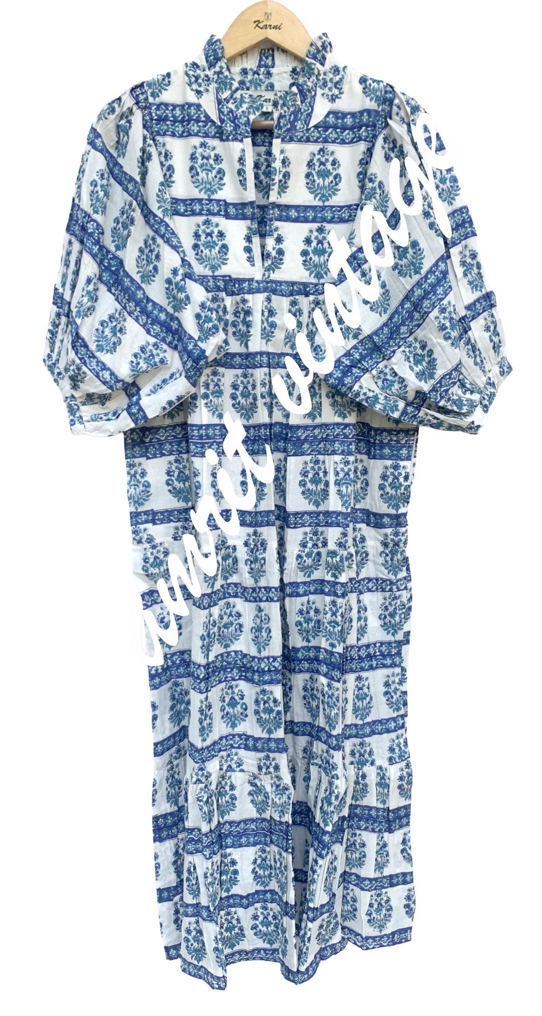 bohemian blue-white floral block printed women's maxi dress - 3/4th sleeves with belt cotton long maxi dress