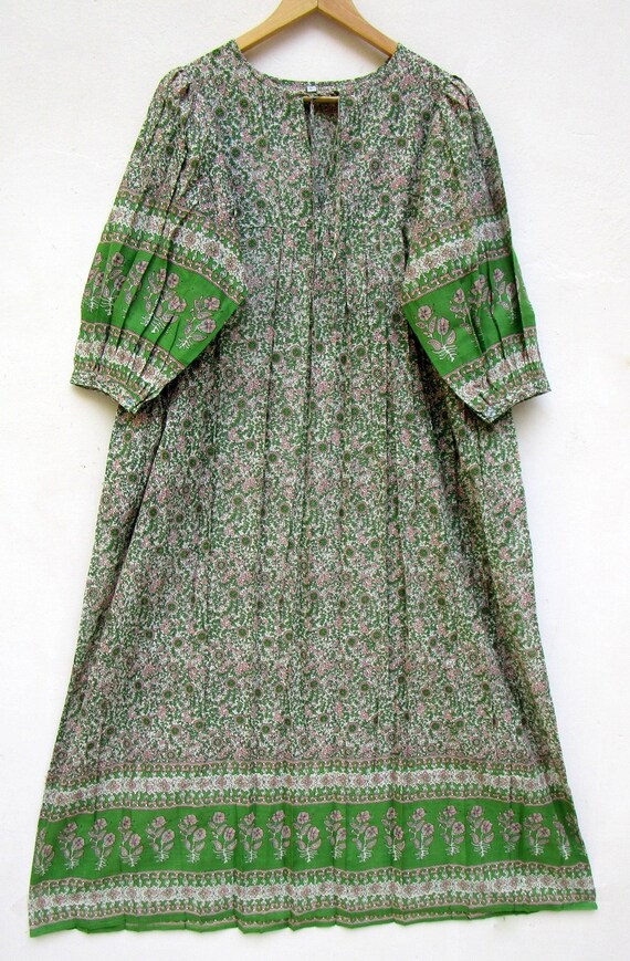 Green Pink Floral Printed Cotton Fit & Flare Mini Dress