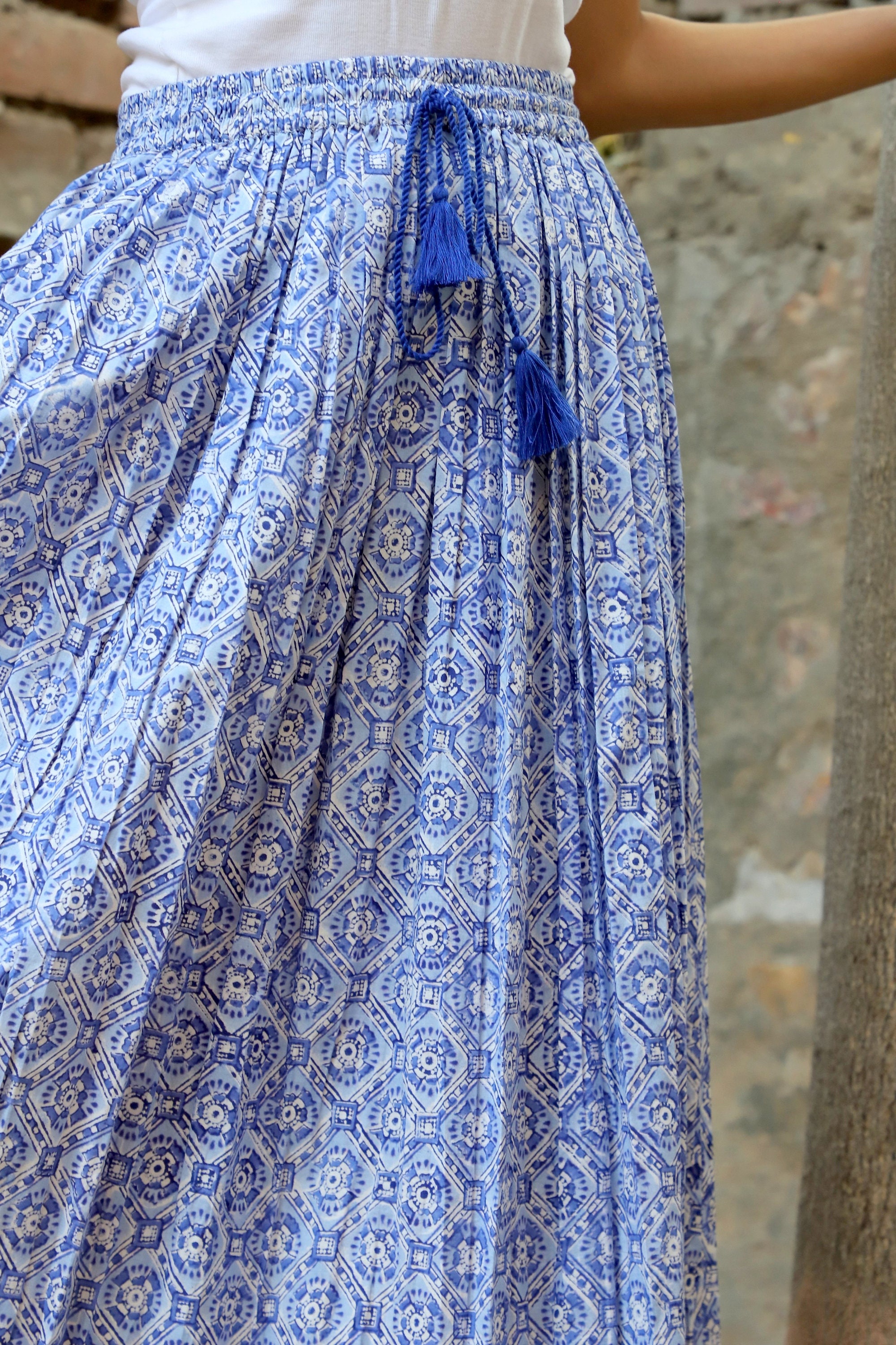 Blue Geometric Hand Block Printed Cotton Long Maxi Skirts Blue Geometric Hand Block Printed Cotton Long Maxi Skirts