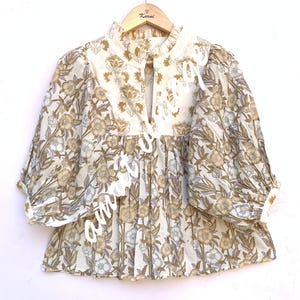 summer white golden floral hand block printed women&#39;s tops and blouse - frill collar cotton maxi tunics