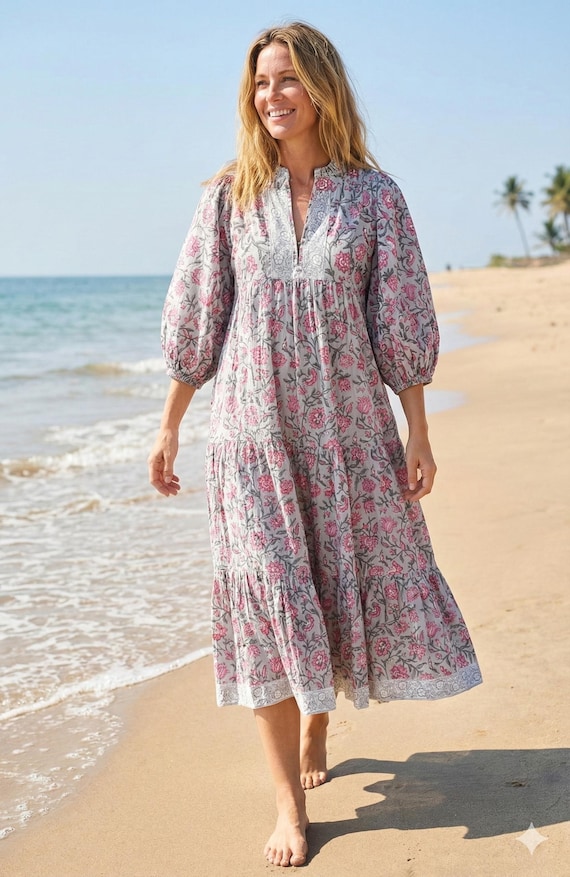 grey and pink floral dress Hand Block Printed Cotton Maxi – Boho Dress chiffon butterfly sleeve dress