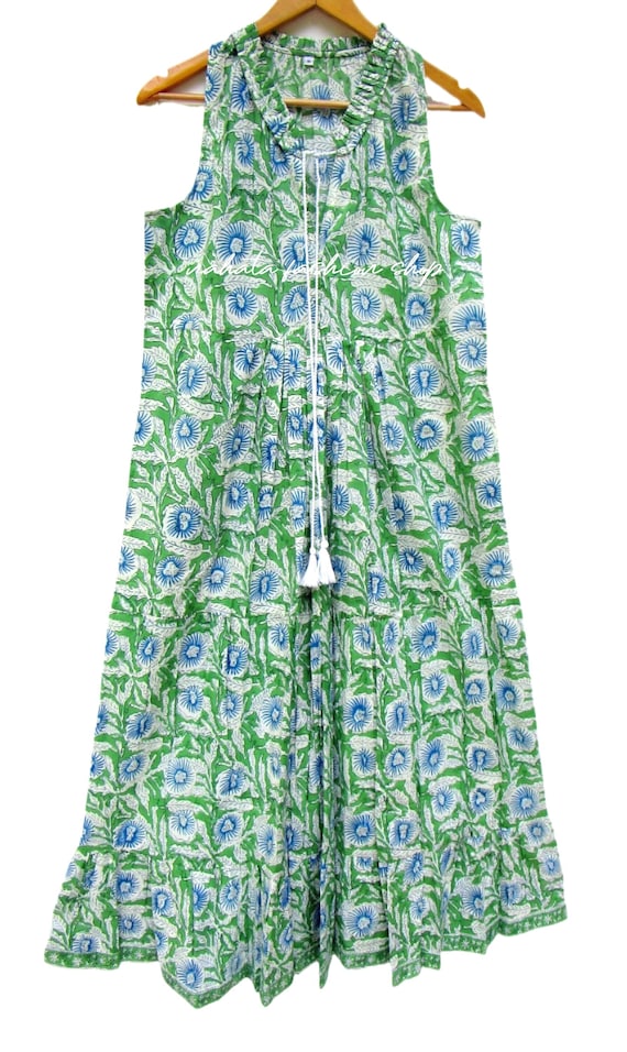 green blue floral printed cotton bohemian maxi dress - sleeve less summer Indian wear dress - Henley neckline with tassel maxi