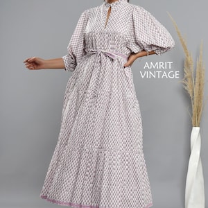 Pink Geometric Block Print Cotton Maxi Dress – Boho Collared Belted Long Sleeve Dress with Pockets – Handmade Indian Dress