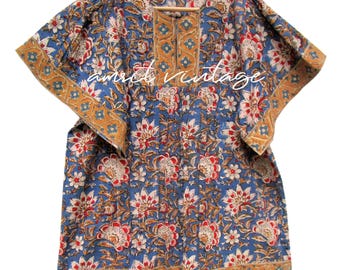 kalamkari printed cotton blouse and tops - split neckline indian look blouse - short kimono sleeve boho tunics