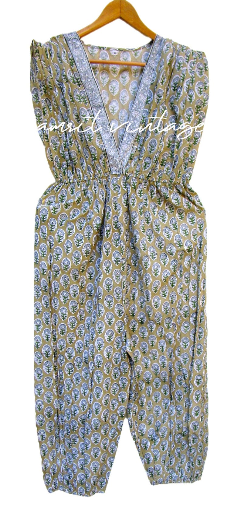 delightful plants look printed cotton summer wear jumpsuit - sleeve less bohemian style jumpsuit - deep v neckline comfortable jumpsuits image 1