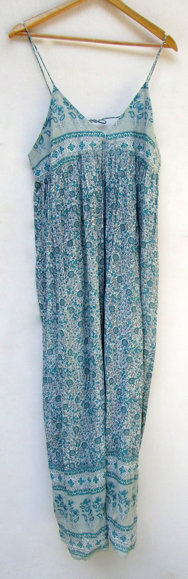 teal green floral printed cotton long women maxi dress - sleeve less with strap dress - v neckline bohemian women maxi image 3