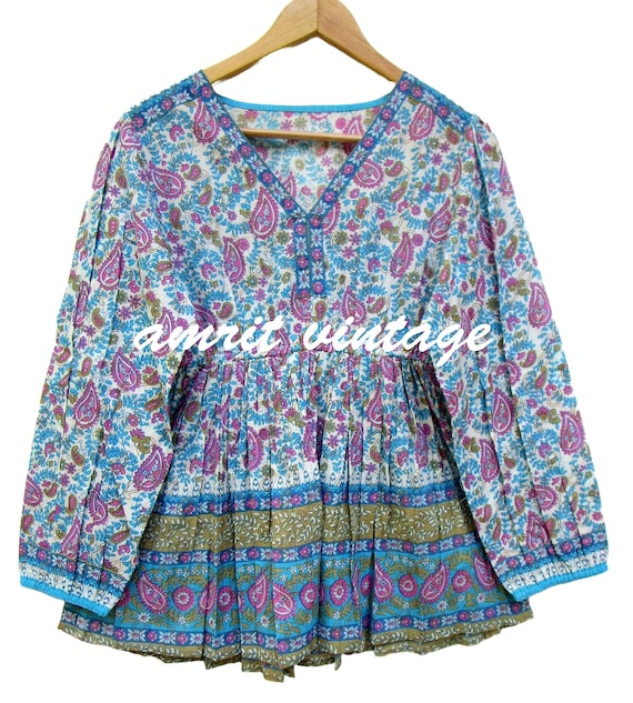 Boho Paisley Floral Cotton Top – Vintage Indian Block Print Blouse