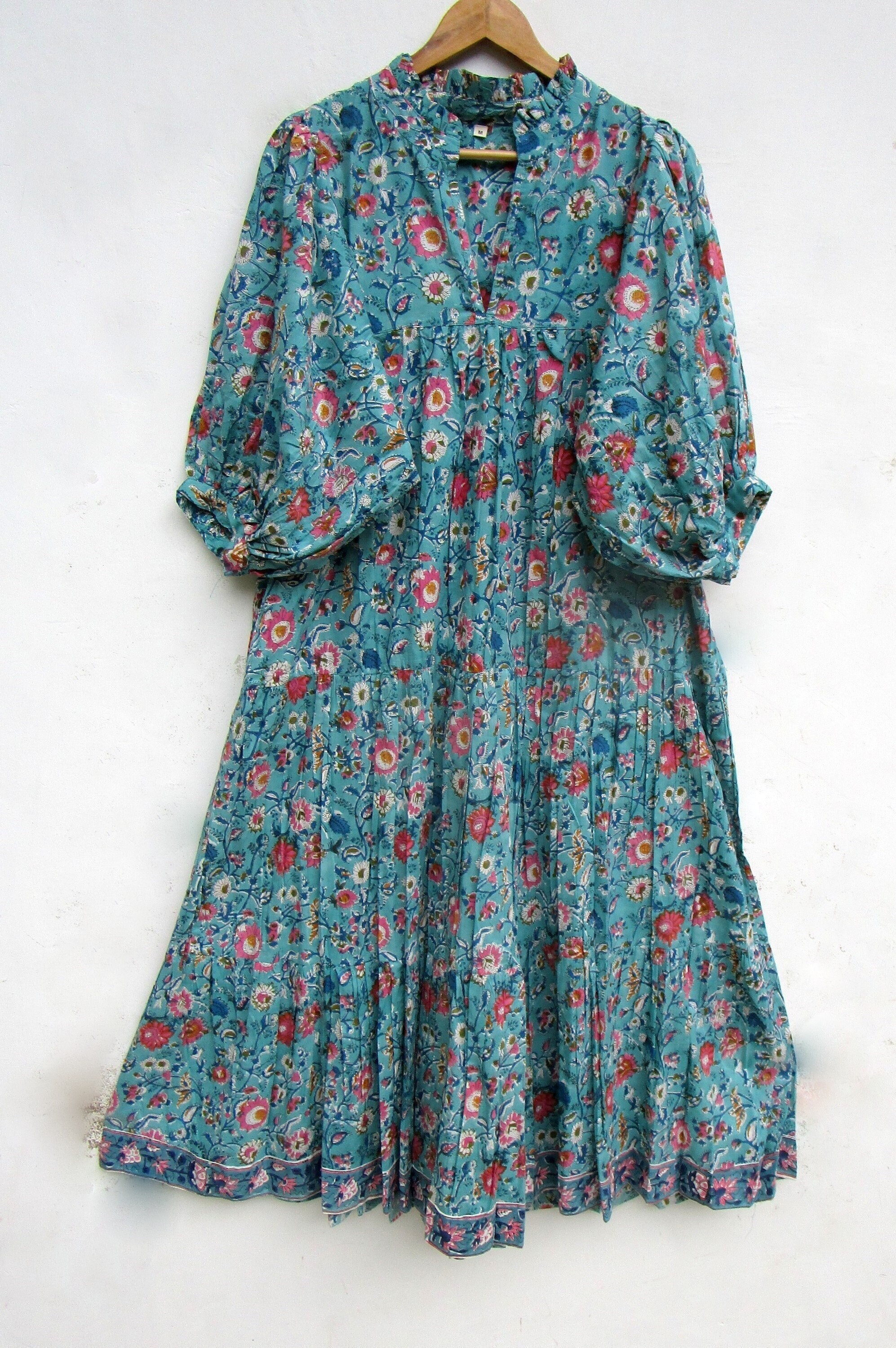 Buy Teal Green Flower Printed Maxi Dress V Neckline Summer Maxi Dress 3/4th  Sleeve With Button Maxi Dress Online in India 