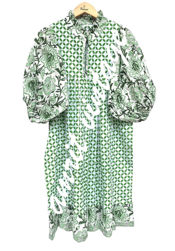 green floral tunic dress Block Print Cotton – Puff Sleeve Boho Mini Dress – Ruffle Neck Indian Dress silhouette: Gown