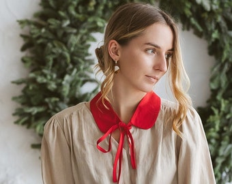 Detachable red womens linen frill collar, Removable bib collar with tie fastening, Rustic blouse accessory, Round neck retro style necklace