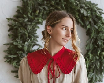 Detachable deep red collar with ruffled edges, removable adjustable linen lace soft neckpiece, vintage style cottage-core necklace accessory