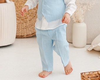 Blue classic linen pants for little boys, Loose fit trousers with an elastic waist, Toddler chino joggers with pockets, Organic baby bottoms