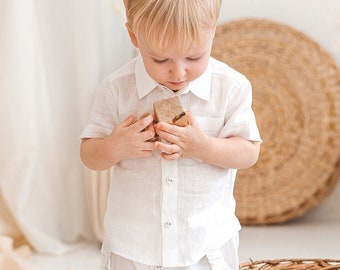 Boys linen shirt with short sleeves, white toddler button down shirt, baby formal top with pocket, classy collared dress shirt for kids