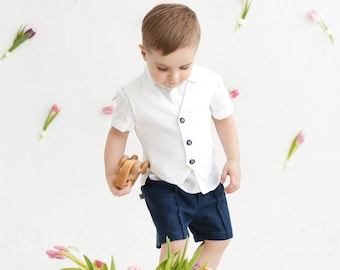 Linen shorts and shirt set for little boys, White button down shirt with short sleeves and pants set, Newborn suit, Classic baby tuxedo