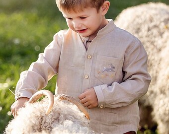 Linen shirt for little boys with hand embroidered bunny, Button down top with long sleeves, Natural dress shirt with pocket, Boho outfit
