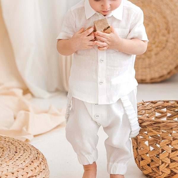 Pantalon de sarouel en lin ample blanc pour garçons, pantalon pour tout-petit moulant avec taille élastique, bas amples avec boutons, shorts chino bébé bio