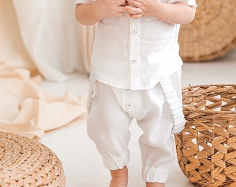 White loose linen harem trousers for boys, soft fit toddler pants with elastic waist, baggy bottoms with buttons, organic baby chino shorts