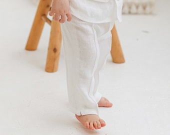 White linen classic pants for little boys, loose fit trousers with elastic waist, toddler chino pants with pockets, eco organic baby bottoms