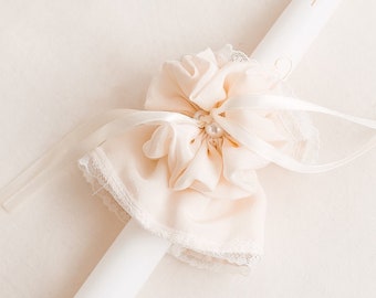 Baptism candle with cream natural silk candle decoration, christening fire torch with minimal cross decoration, fabric ribbon for church