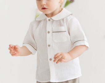 White linen button down shirt for boys, baby formal dress shirt with short sleeves, round collar top with pocket, infant button down blouse