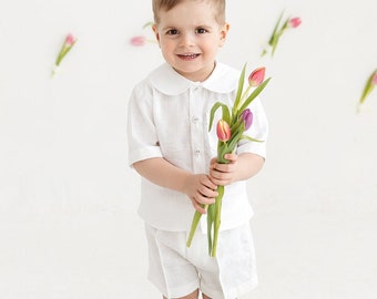 White linen suit for little boys, button down shirt with short sleeves and shorts set, round collar top and pants outfit, classy baby tuxedo