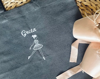Personalized linen bag with embroidered name and ballerina, Ballet lover sustainable travel tote, Reusable dancing bag, Shoulder handbag