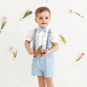 Blue linen shorts and white shirt set for little boys, baby slim fit chino pants and suspenders, adjustable classic toddler formal outfit