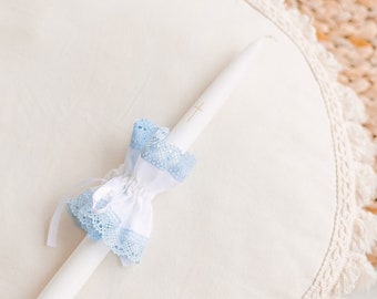 Wax candle and linen decoration set, taper candle lace ribbon in gift box, church candlestick with minimalistic cross for boys and girls