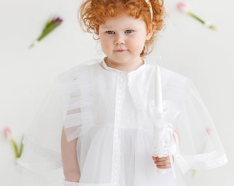 White tulle cape for kids, Round neck bolero, Hooded mantle with lace, See-through elegant fabric coat for girls and boys, Light baby cloak