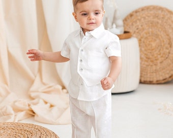 White linen suit for little boys, button down shirt with short sleeves and trousers set, top and pants outfit, baby tuxedo, newborn gown