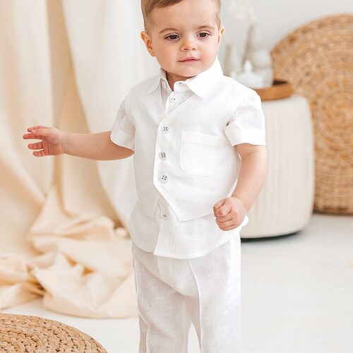 White Linen Baby Boy Suit Vest and Trousers Set for Toddlers Etsy