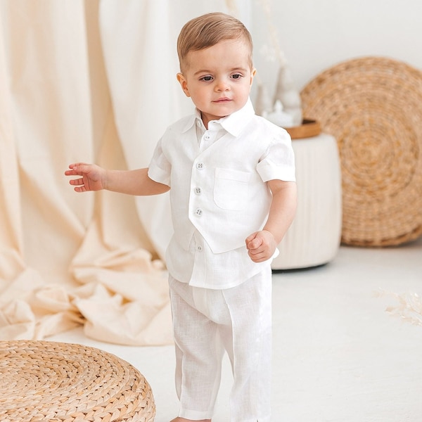 Costume en lin blanc pour petits garçons, ensemble chemise à manches courtes et pantalon, ensemble haut et pantalon, smoking pour bébé, robe de chambre pour nouveau-né