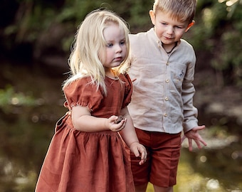Linen shirt and shorts set for little boys, Button down top with long sleeves and hand embroidered bunny, Beige dress shirt and pants outfit