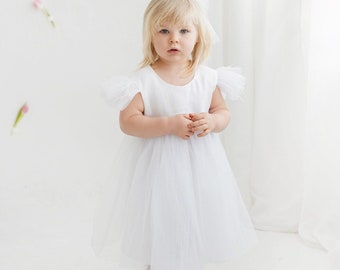 Robe bébé fille en lin blanc à dos ouvert, robe tutu en tulle sous le genou avec ruban, tenue en dentelle à manches courtes et plumes, robe dos nu